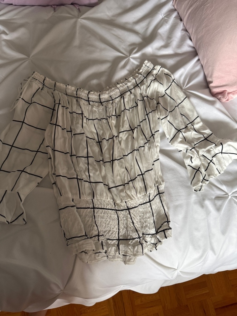 Off-Shoulder White Windowpane Blouse